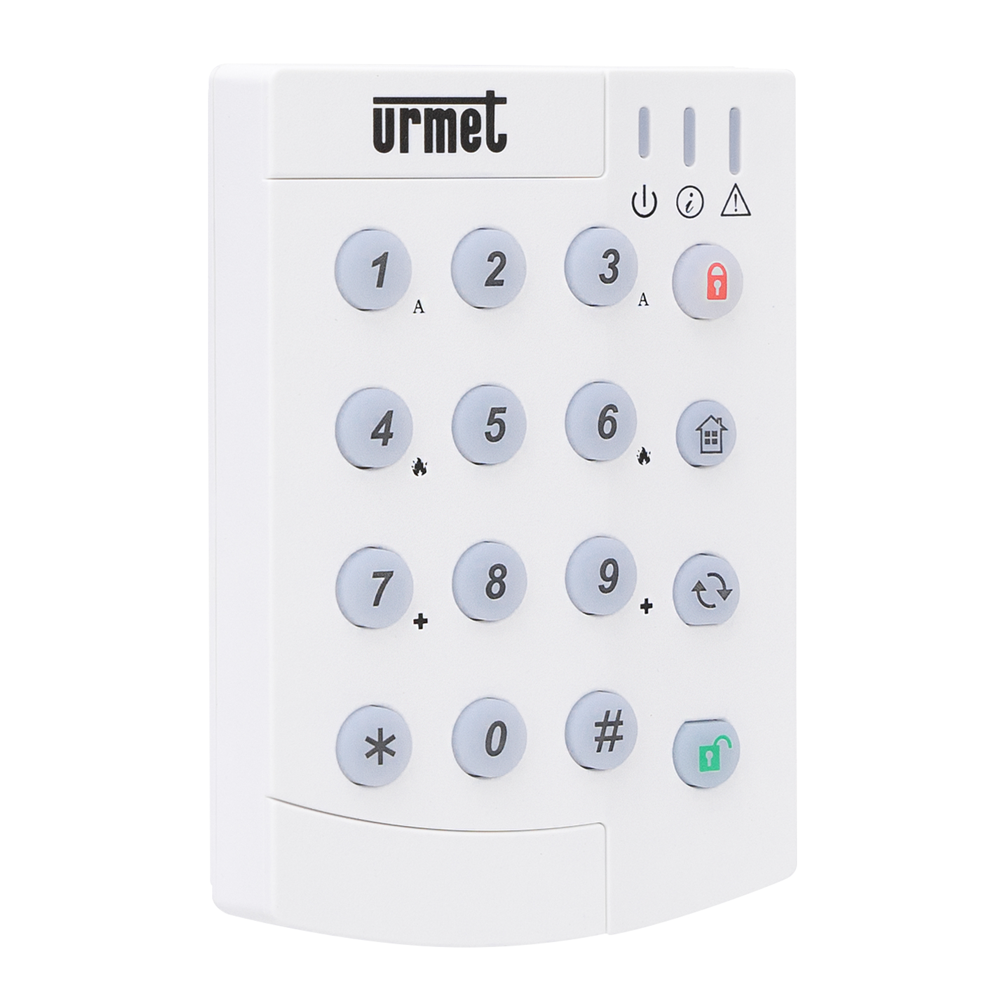 LED-Funkbedienteil mit weißem Gehäuse und Numerischer Tastatur, inklusive Funktionstasten. Ansicht links