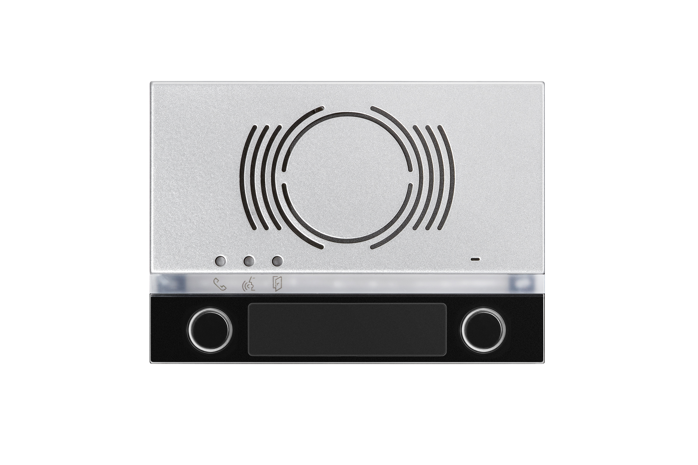 Silberne Audio-Türlautsprecher-Abdeckung mit runden Schlitzen, drei Status-LEDs, schwarzem Unterteil, Namensfeld und Tastern.