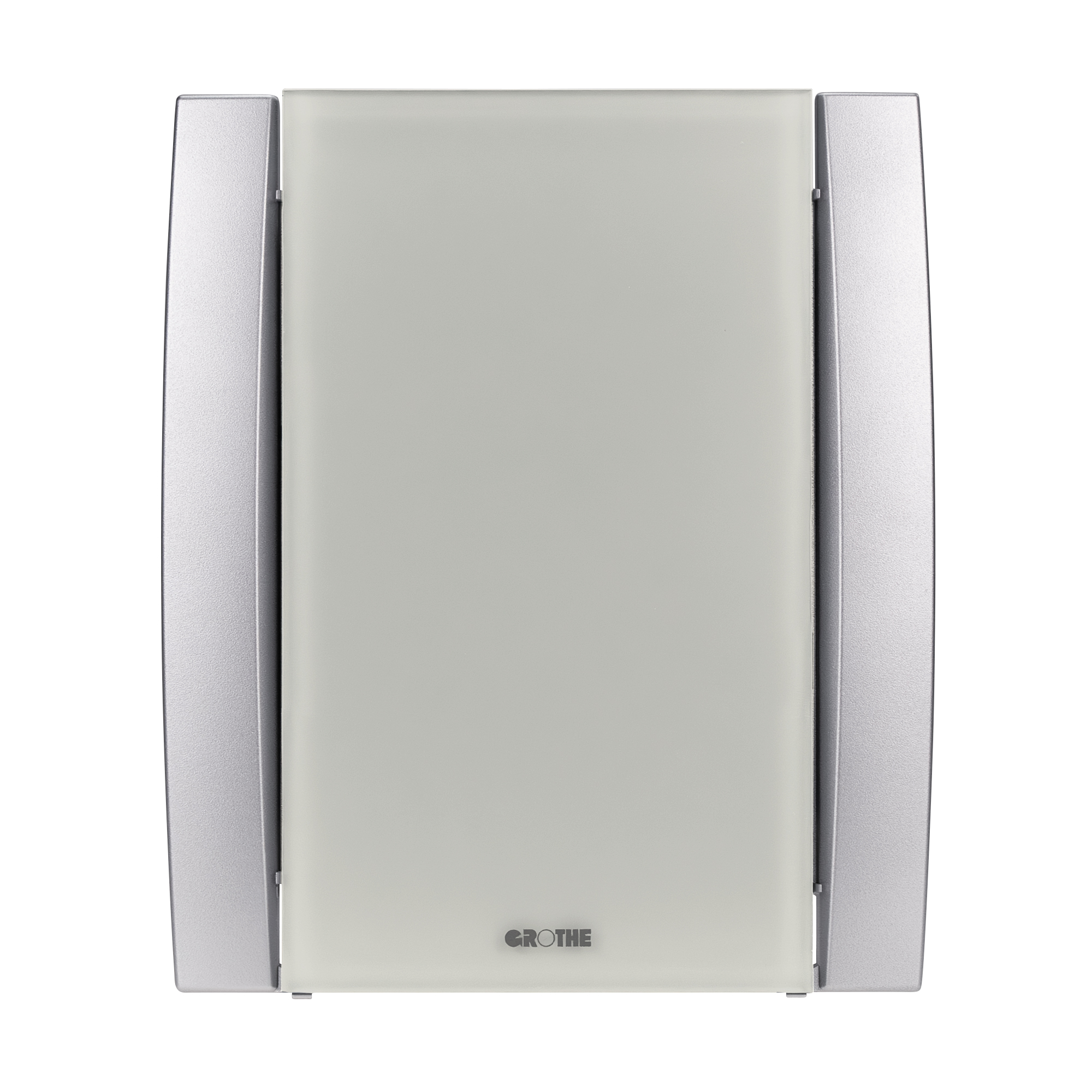 Elektronik-Gong mit satinierter grauer Acrylfront und silberfarbenen Seiten, Frontalansicht.