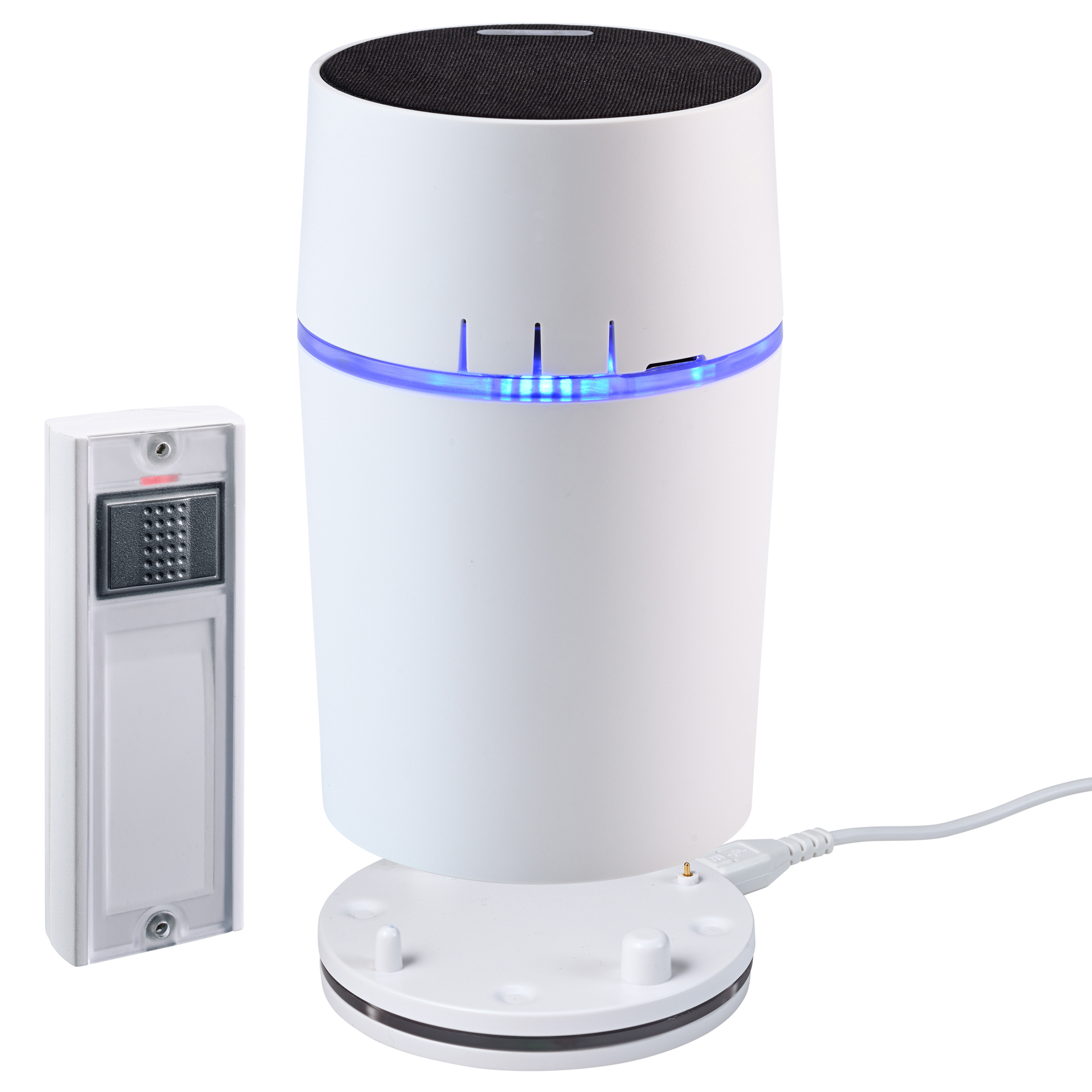 Weißes Funkgong-Set mit LED-Leuchtring, rundem Lautsprecher, Ladestation und passendem weißem Funk-Taster.