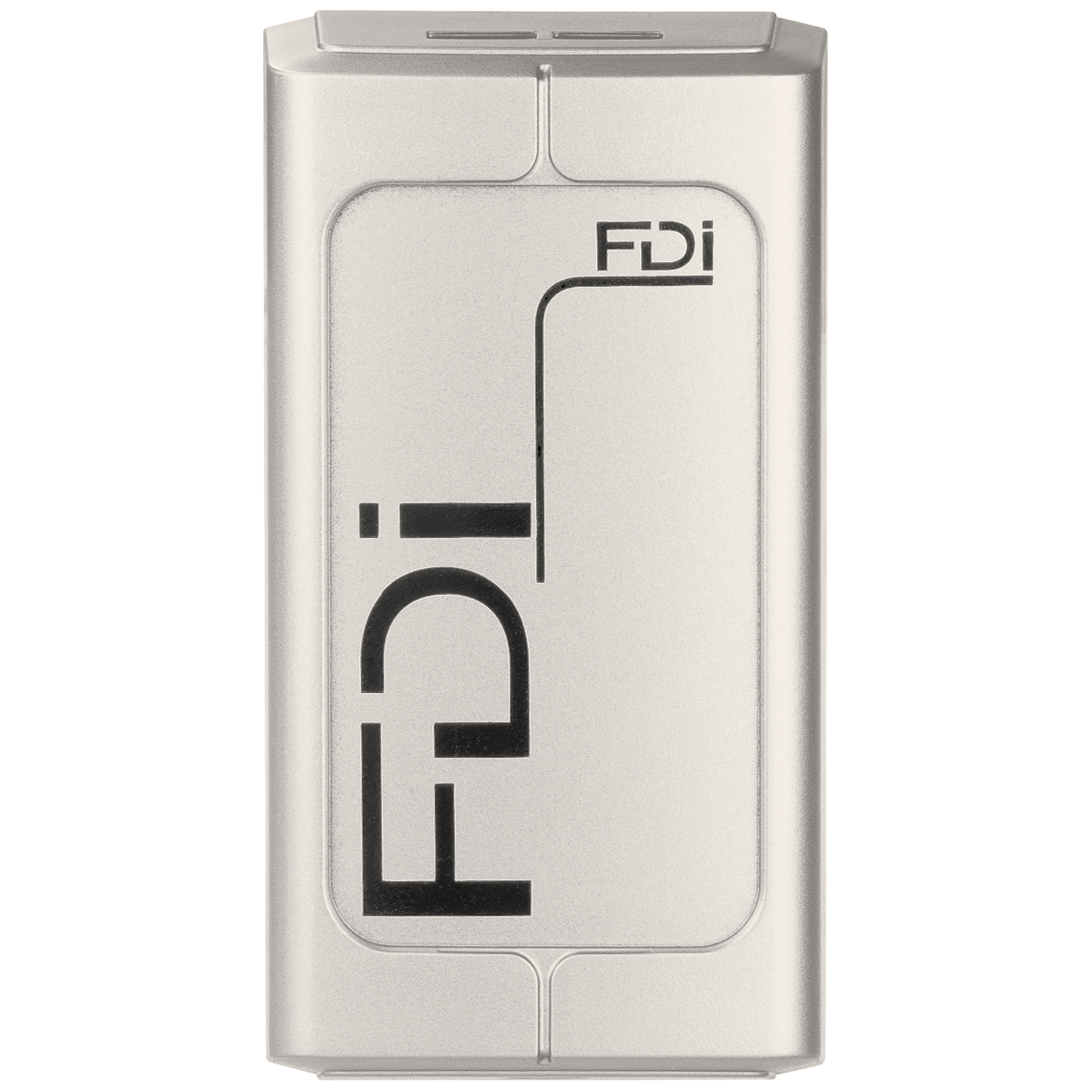 Rechteckiges silbernes FDI-Lesegerät mit schwarzem Logo, glatter Oberfläche und abgerundeten Gehäusekanten.