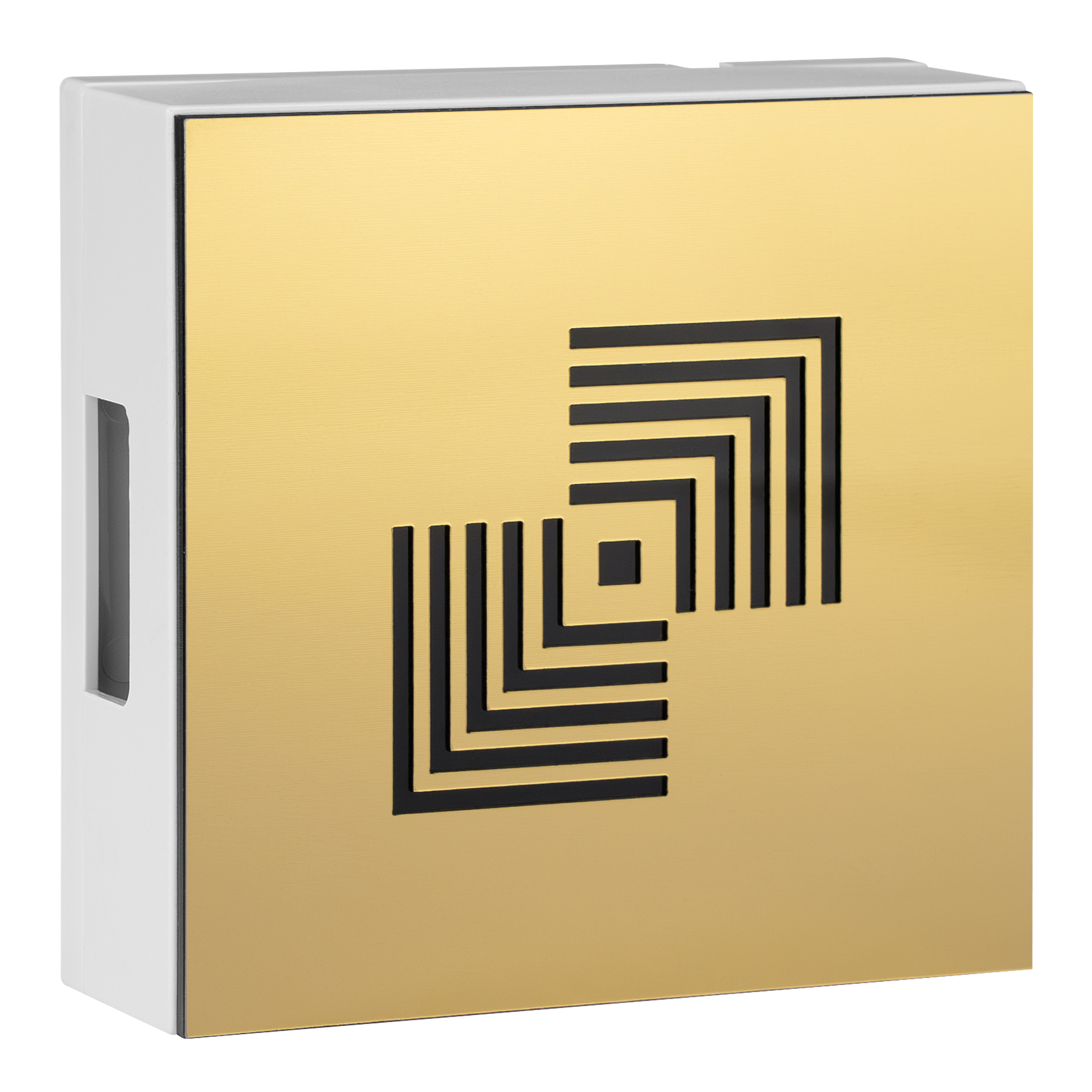 Zweiklang-Gong mit goldener Front, schwarzem Linienmuster aus zwei versetzten Quadraten und seitlicher Öffnung, links.