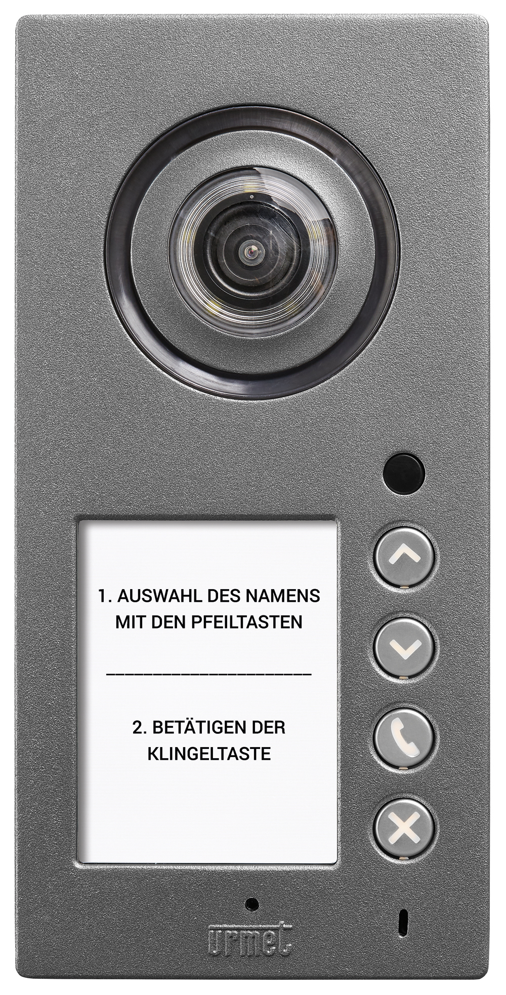 Türstation in Grau mit Weitwinkelkamera oben, Display mit Textfeld unten und vier Symboltasten mit Pfeil, Hörer und X rechts.
