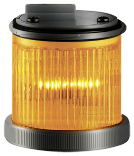 Zylindrische LED-Warn- und Blinkleuchte mit geriffelter orangefarbener Abdeckung, schwarzem Sockel und Anschlussgehäuse