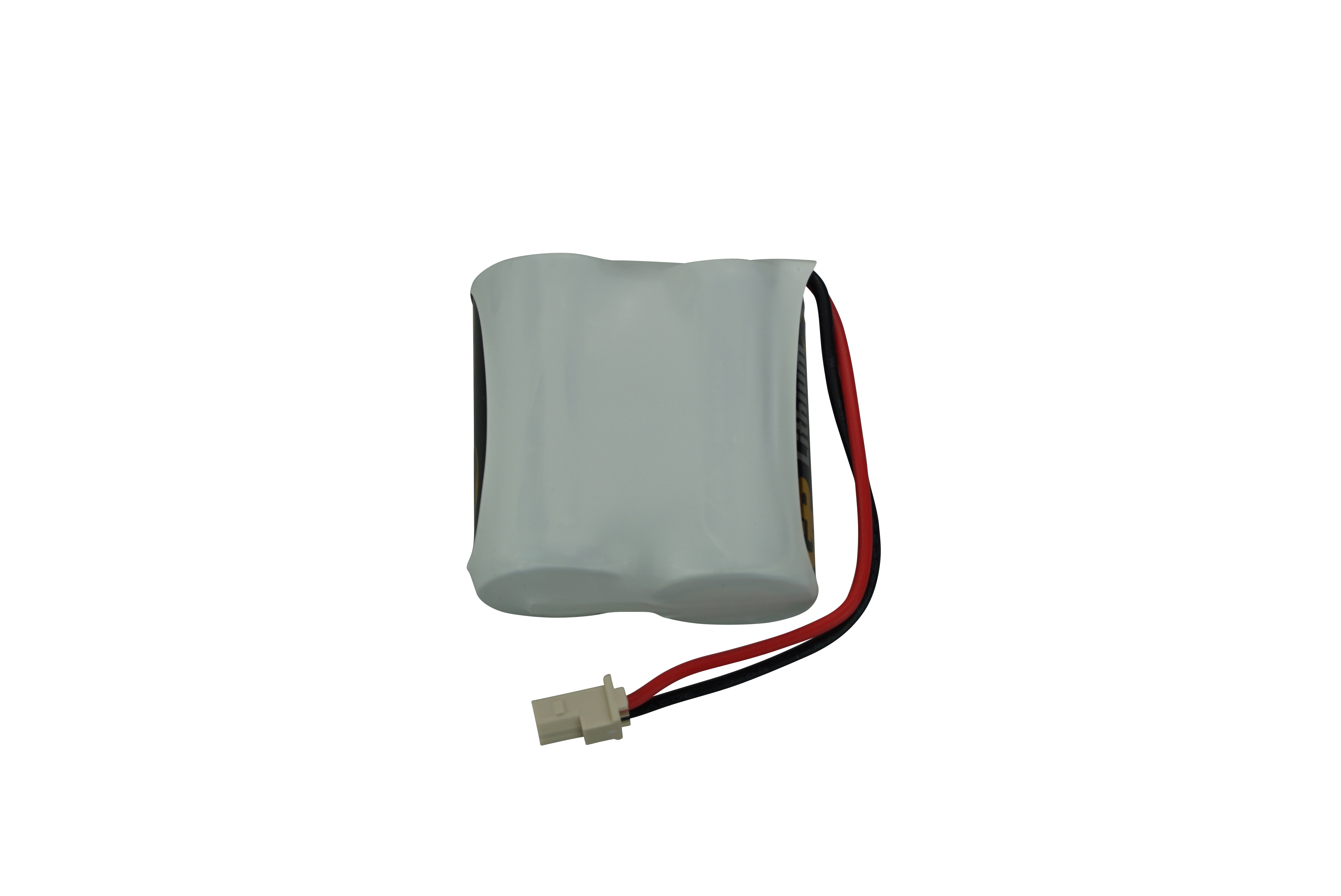 Weiße Lithium-Batterie mit zwei Anschlusskabeln (rot und schwarz) und weißem Steckverbinder.