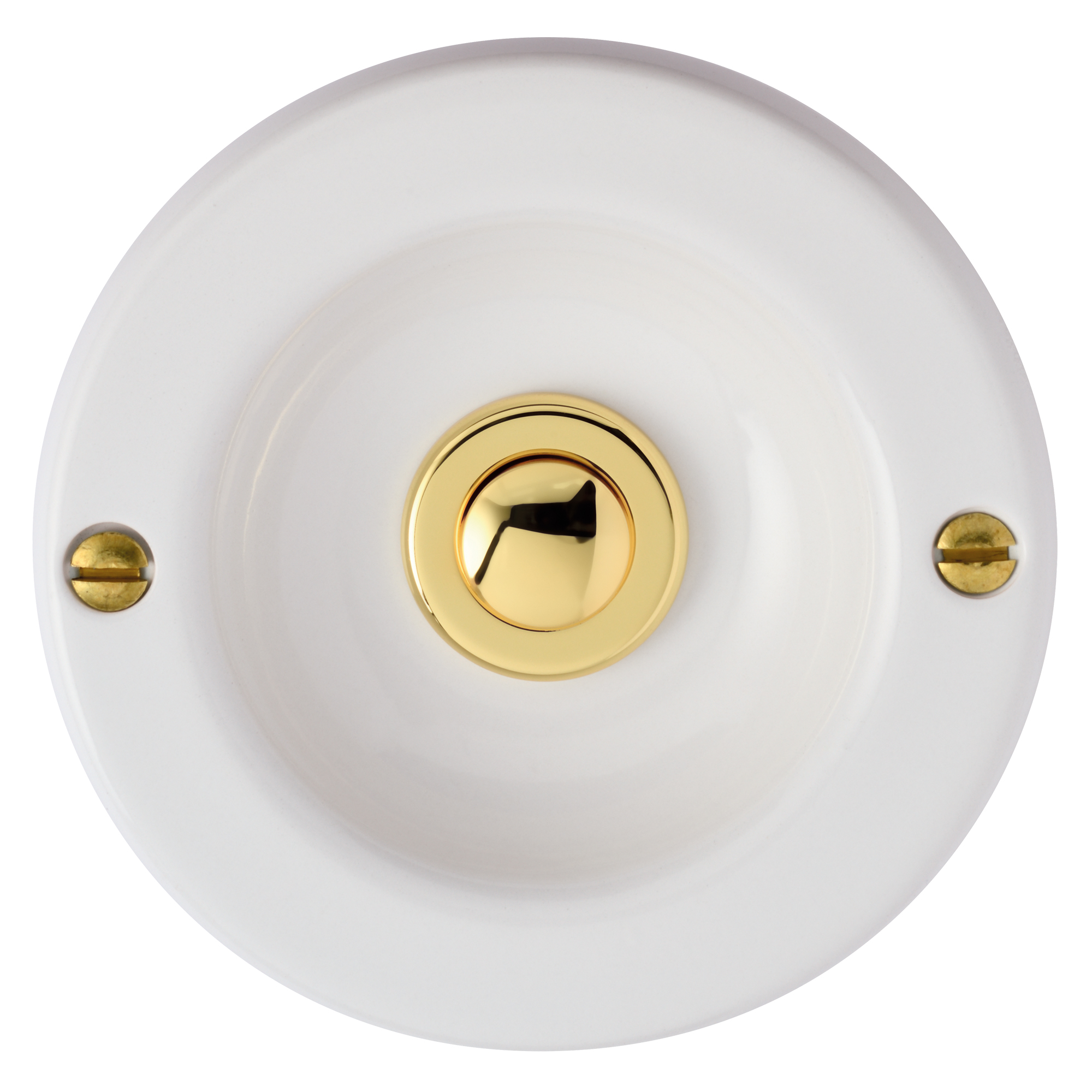 Runde, glänzende Messing-Kontaktschale in Weiß mit zentralem goldenen Messing-Taster und zwei Schrauben, frontale Ansicht.
