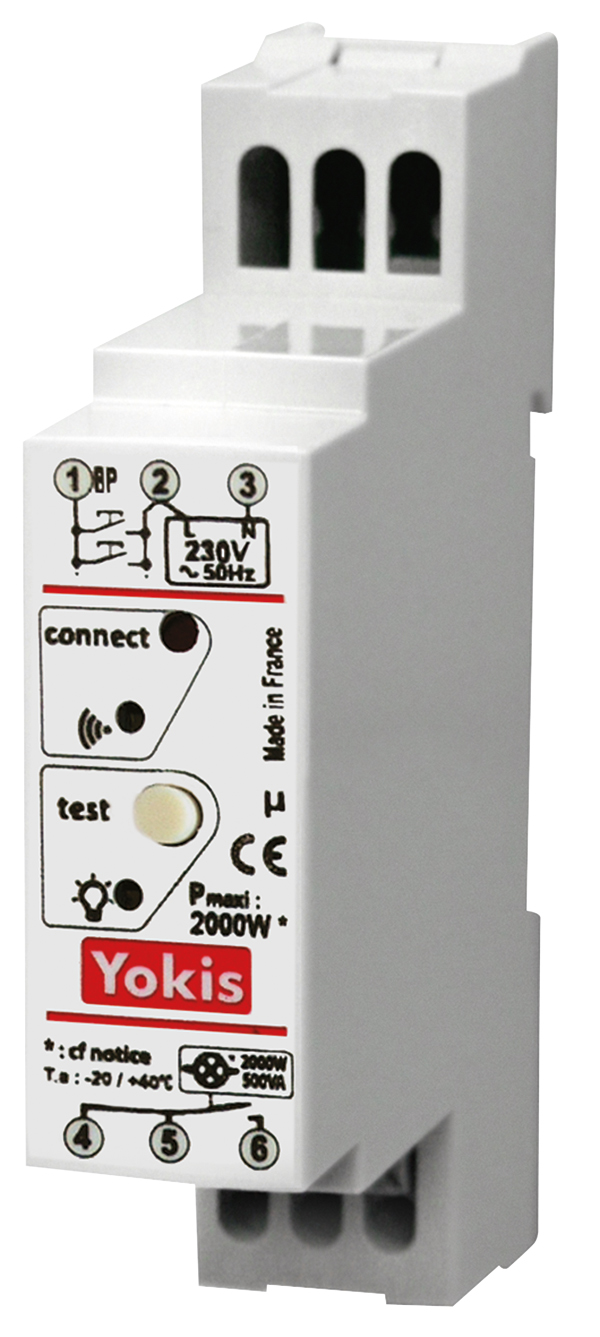 Weißes Funk-Rollladenmodul für DIN-Schiene mit Taster, LED-Anzeige und Anschlussklemmen auf Vorder- und Unterseite