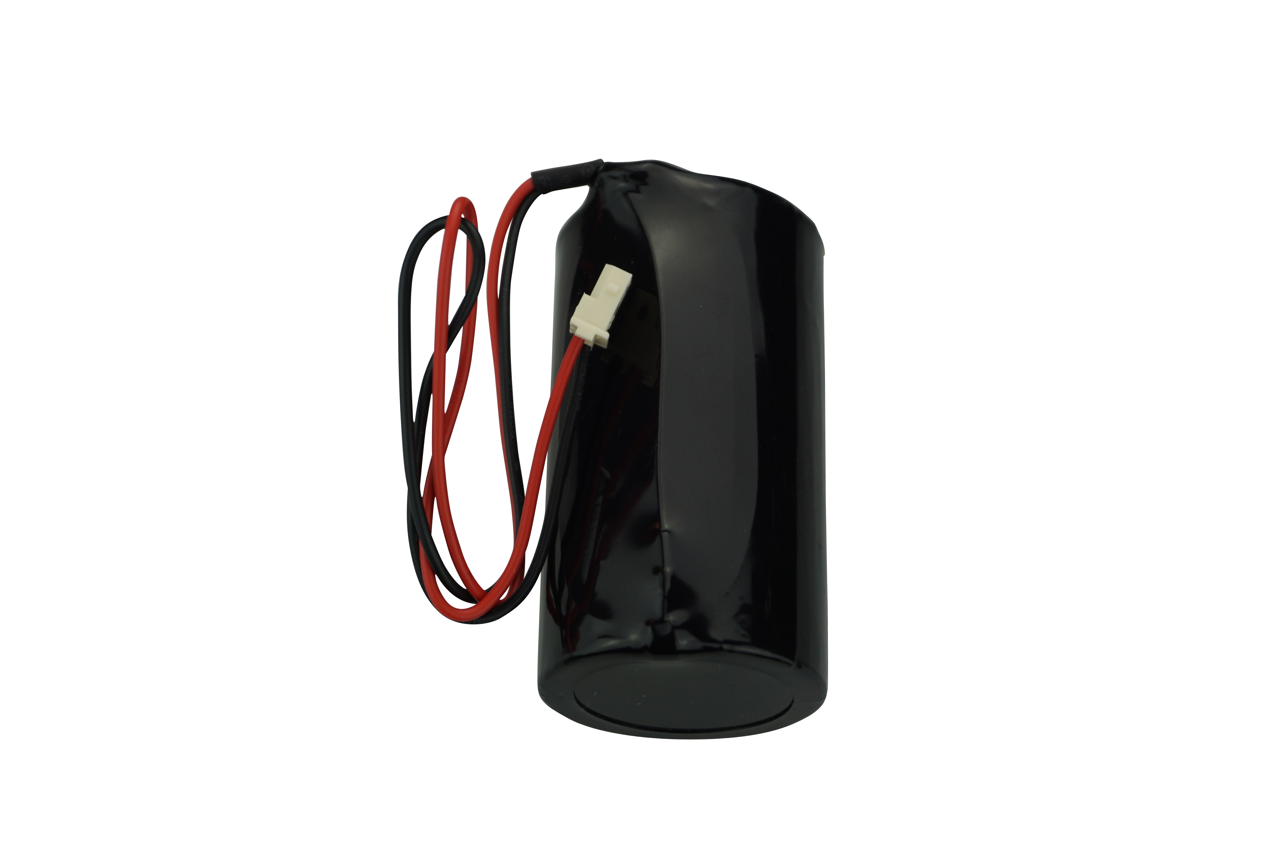Schwarze Lithium-Batterie mit zwei Anschlusskabeln (rot und schwarz) und weißem Steckverbinder.