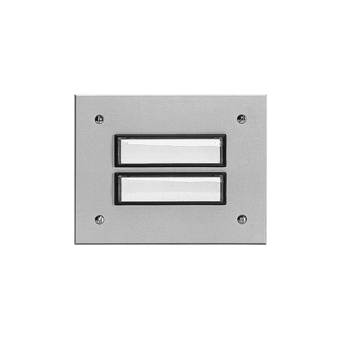 Rechteckige Etagenplatte mit zwei Namensfeldern und vier Schrauben, silber eloxierte Aluminiumplatte, Frontalansicht.