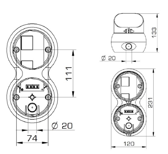 Signalampel mit silbernem Gehäuse, rotem Leuchtmodul oben und grünem Leuchtmodul unten in seitlicher Perspektive.