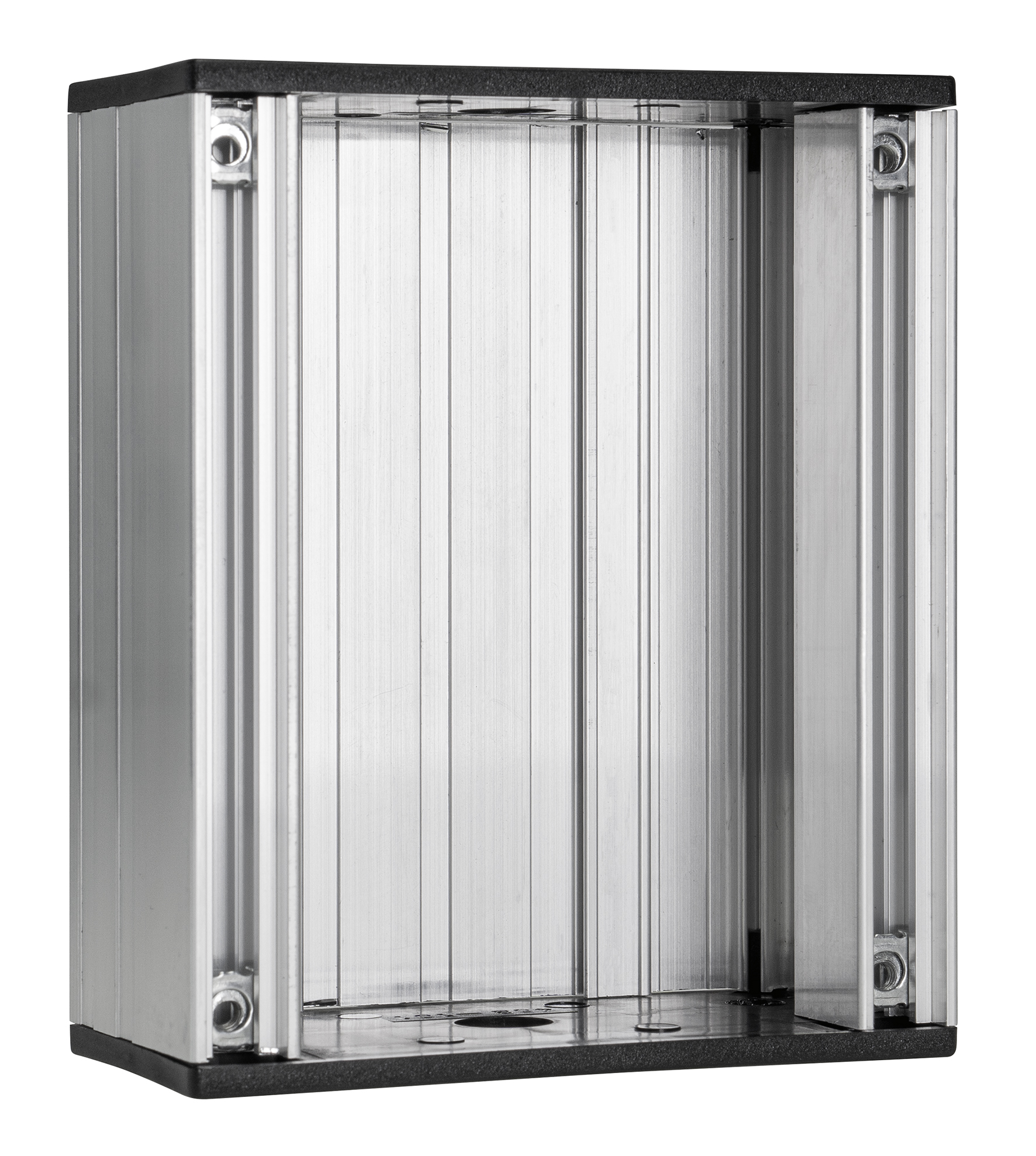 Rechteckiger Unterputzkasten aus Aluminium mit schwarzen Endkappen, offene Front, schräge Seitenansicht.