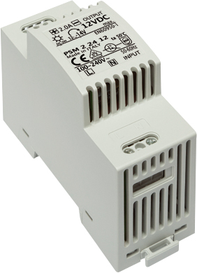 Kompaktes Netzgerät für Hutschiene mit 12V DC Ausgang und Belüftungsschlitzen, beschriftete Oberseite.