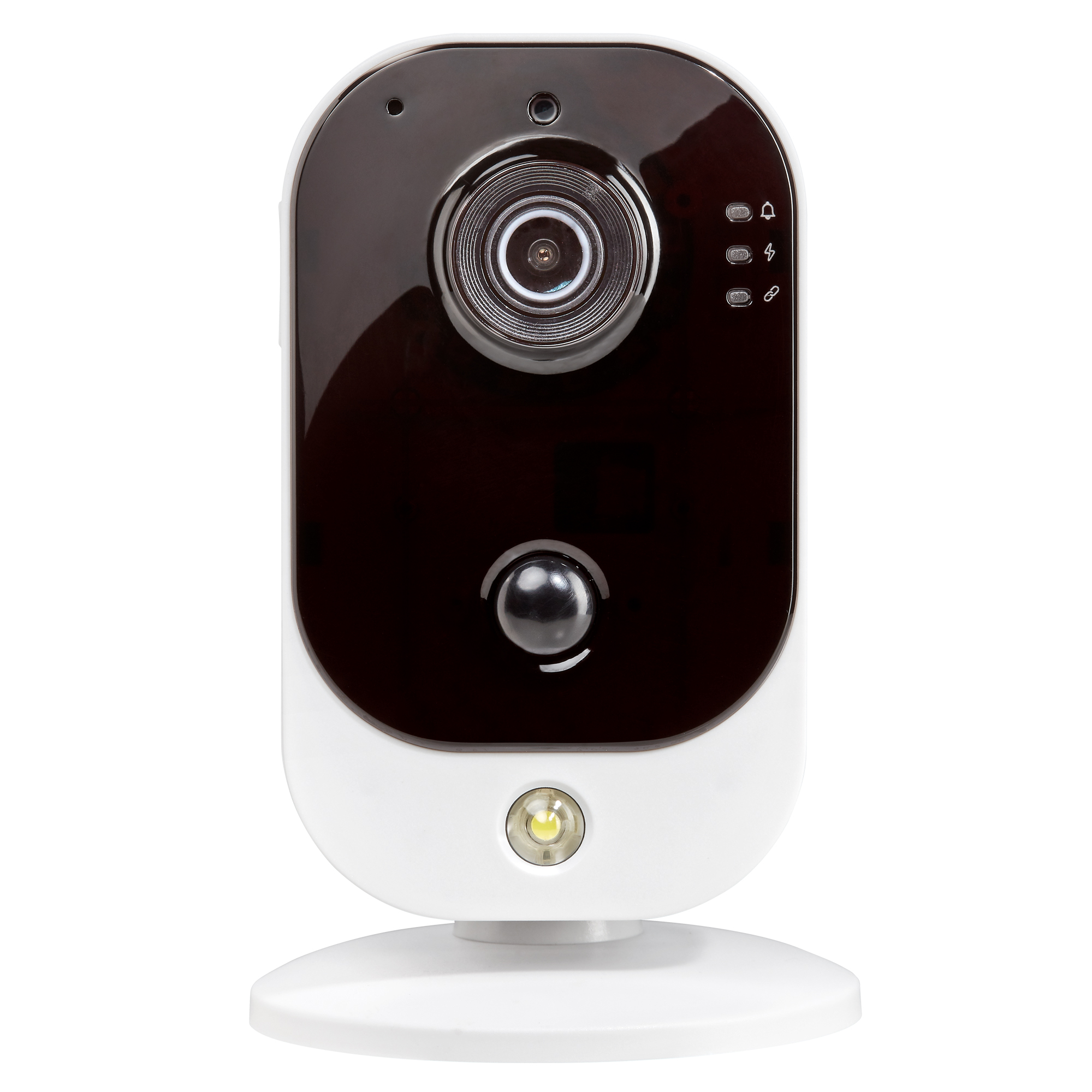 Innenkamera mit großem Objektiv, PIR-Sensor und LED-Licht, frontal aufgenommen, schwarze glänzende Frontfläche.