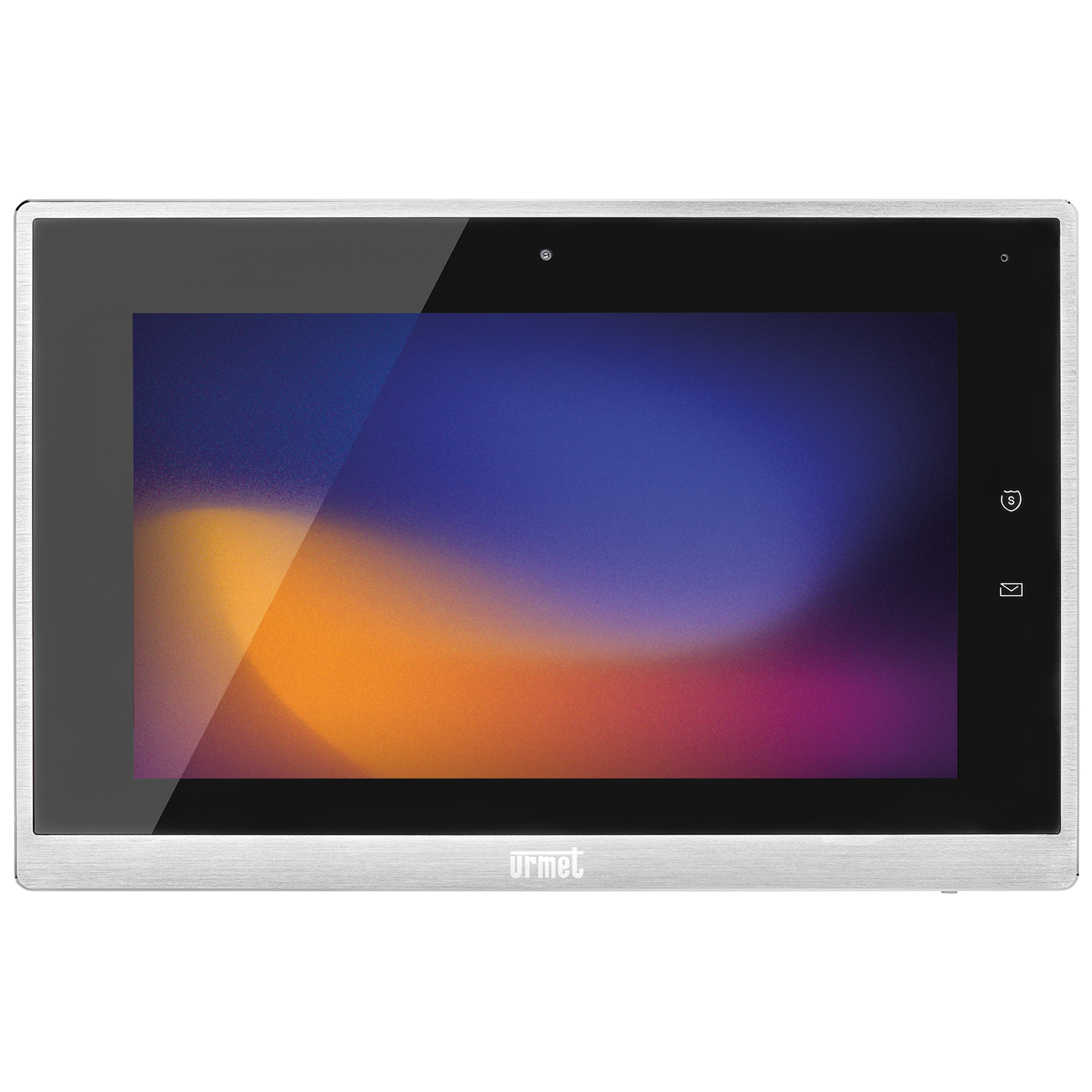 Videomonitor mit Touchscreen und Metallrahmen, großes Farbdisplay, seitliche Sensortasten mit Symbolen für Bedienfunktionen.