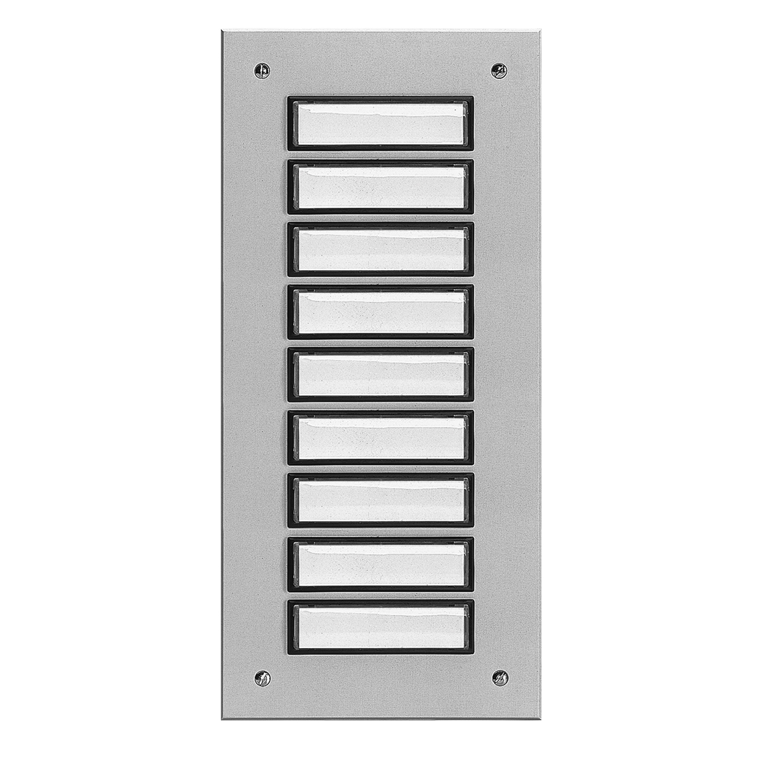 Rechteckige Etagenplatte mit neun Namensfeldern und vier Schrauben, silber eloxierte Aluminiumplatte, Frontalansicht.