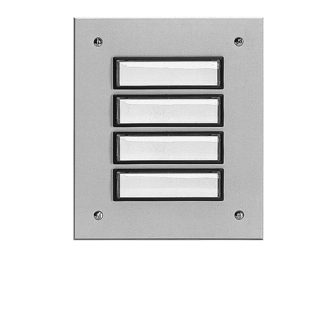 Rechteckige Etagenplatte mit vier Namensfeldern und vier Schrauben, silber eloxierte Aluminiumplatte, Frontalansicht.