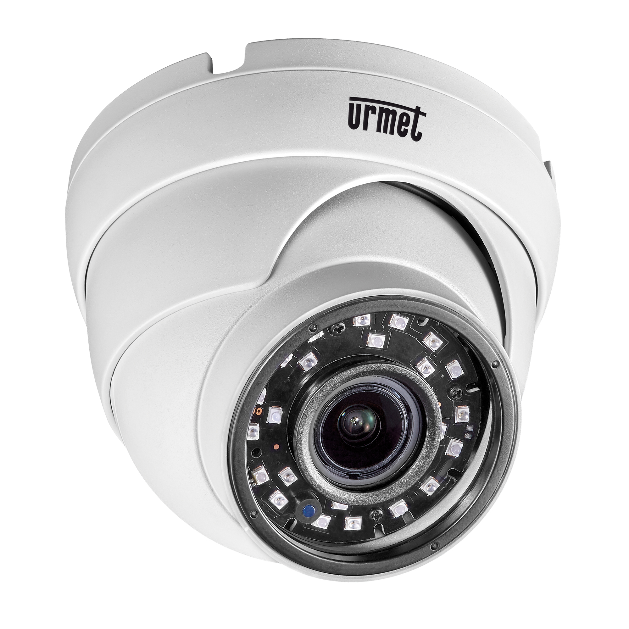 Weiße Urmet Dome-Kamera mit runder Objektivlinse, umgeben von Infrarot-LEDs für Nachtsicht, geeignet für Innen- und Außenbereich.
