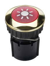 Runder Klingeltaster mit roter Leuchtfläche, Sonnen-Symbol, goldener Ring, schwarzes Gehäuse, schräge Frontalansicht.