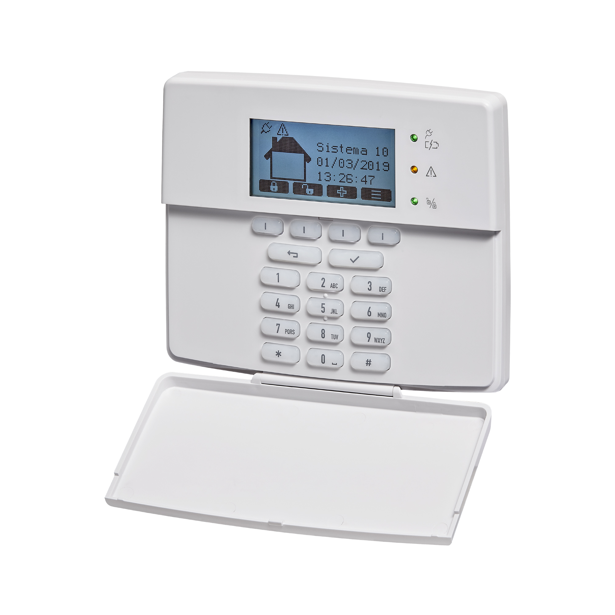 Weißes Keypad mit beleuchtetetem Display und geöffneterer Tastatur-Abdeckung.