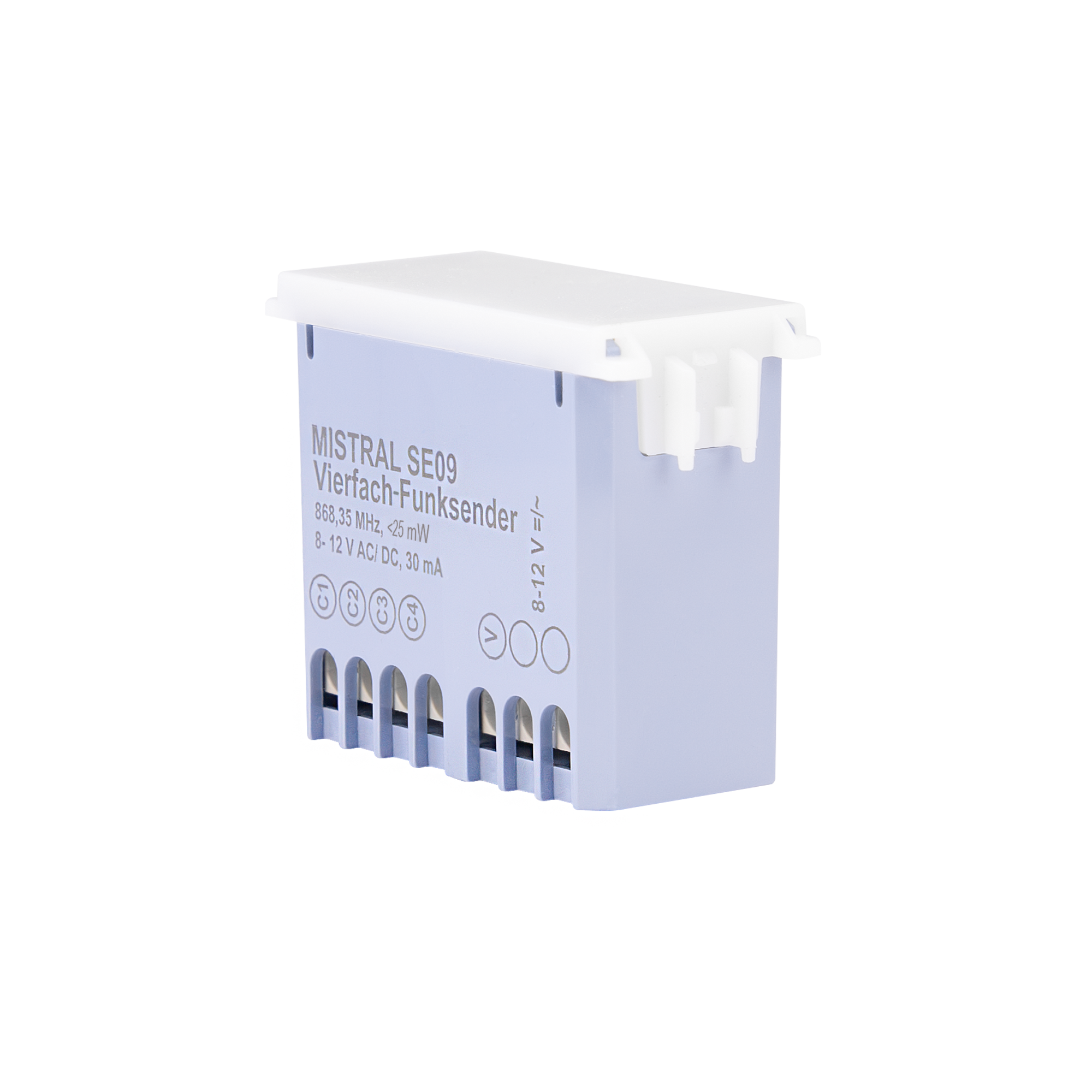 Funksender-Modul mit seitlicher Beschriftung „MISTRAL SE09“, pastelllilanes Gehäuse und weißen Anschlussklemmen.