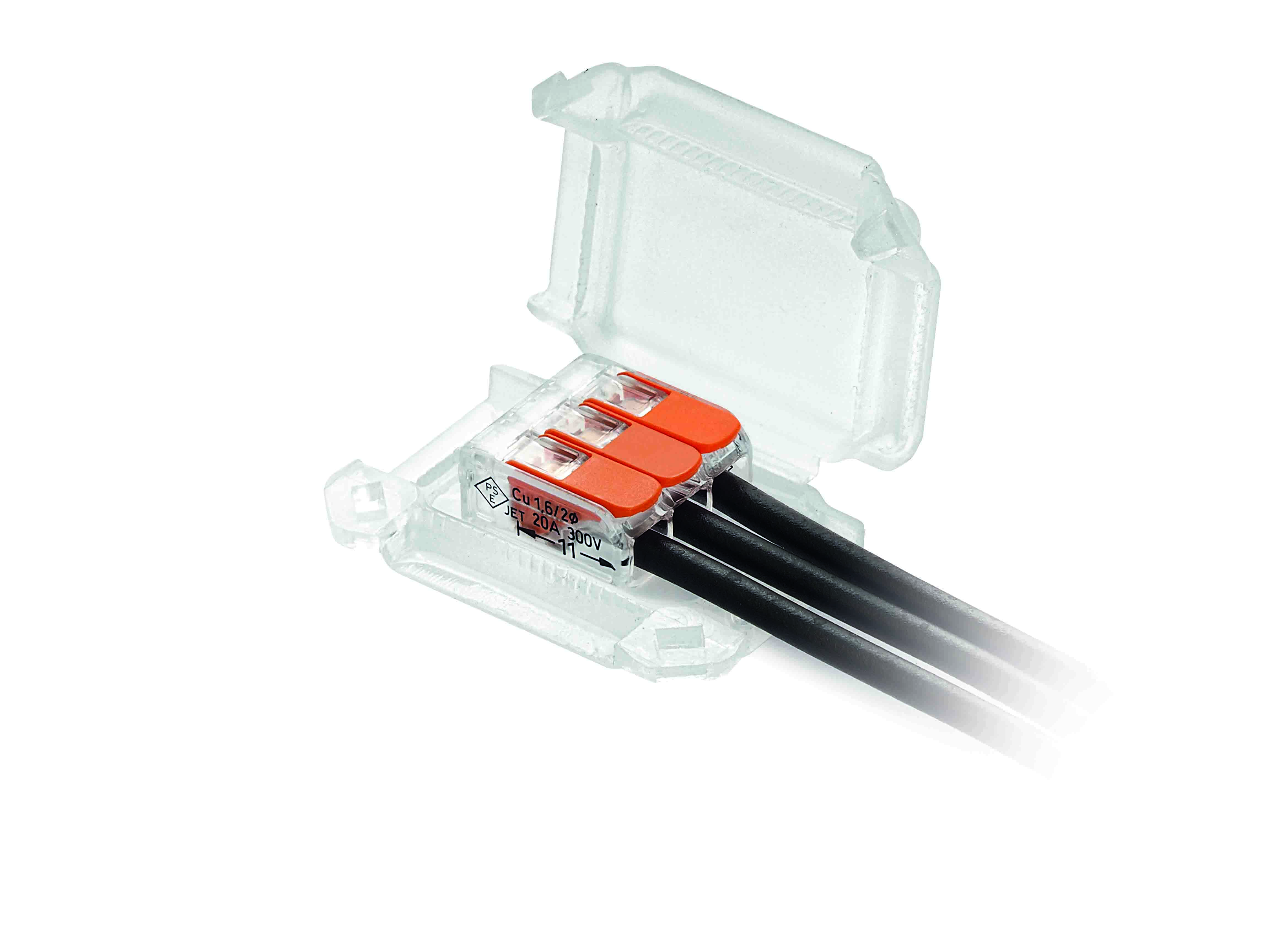 Transparente Mikro-Verbindungsmuffe, mit Gel gefüllt und halb geöffnet, in der ein Block mit 3 Verbindungsklemmen und Kabeln liegt.